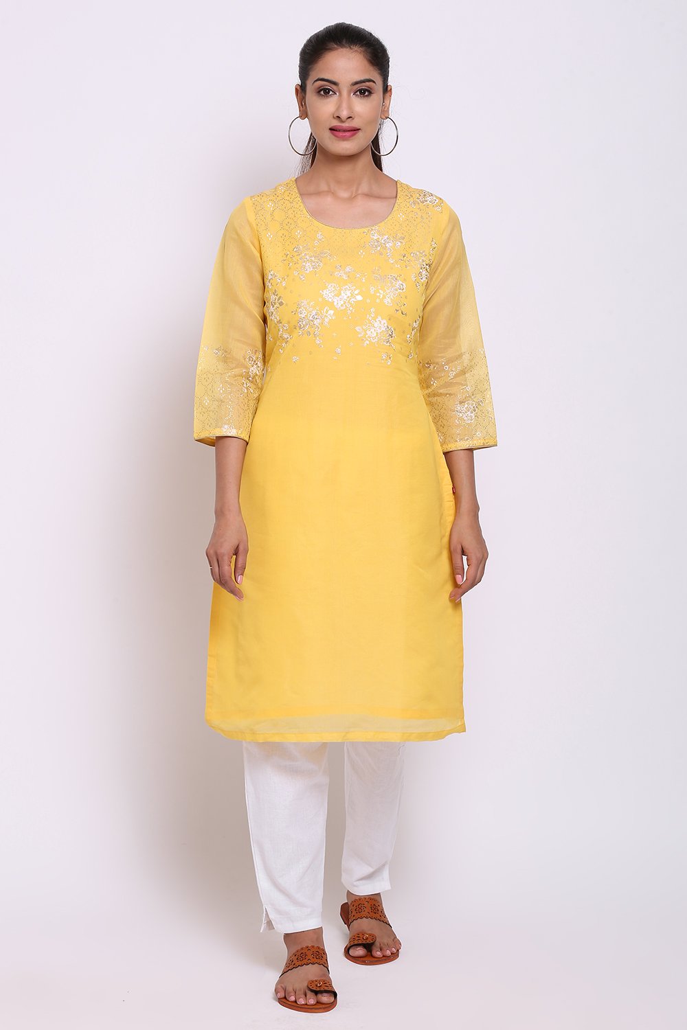 

Yellow Poly Cotton Straight Printed Kurta