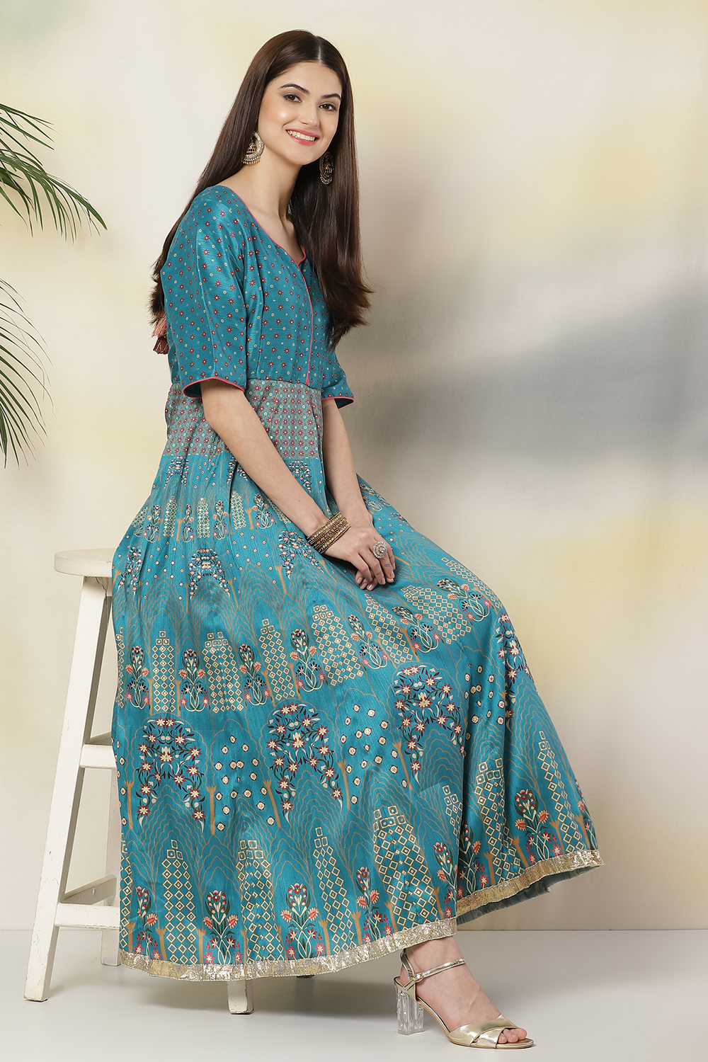 

Turquoise Anarkali Art Silk Printed Kurta