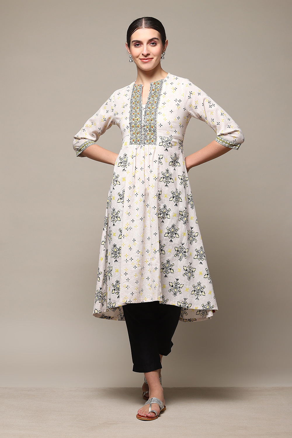 

Yellow Cotton Blend A-Line Printed Kurta