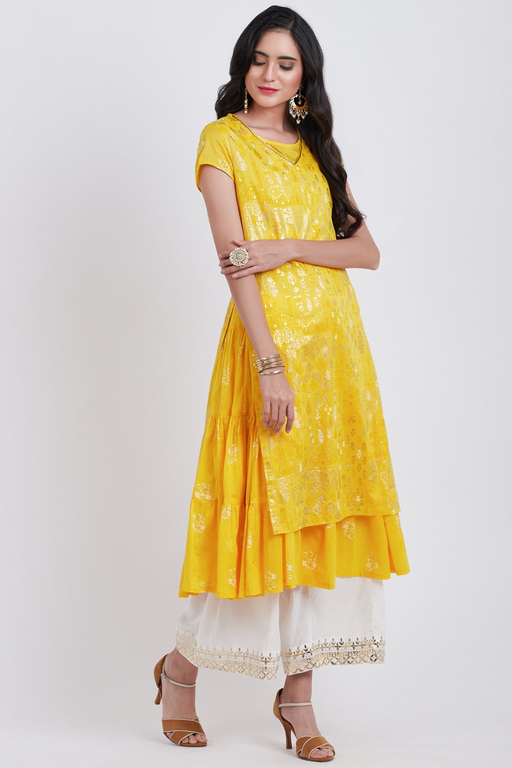 

Yellow Cotton Flared Printed Kurta