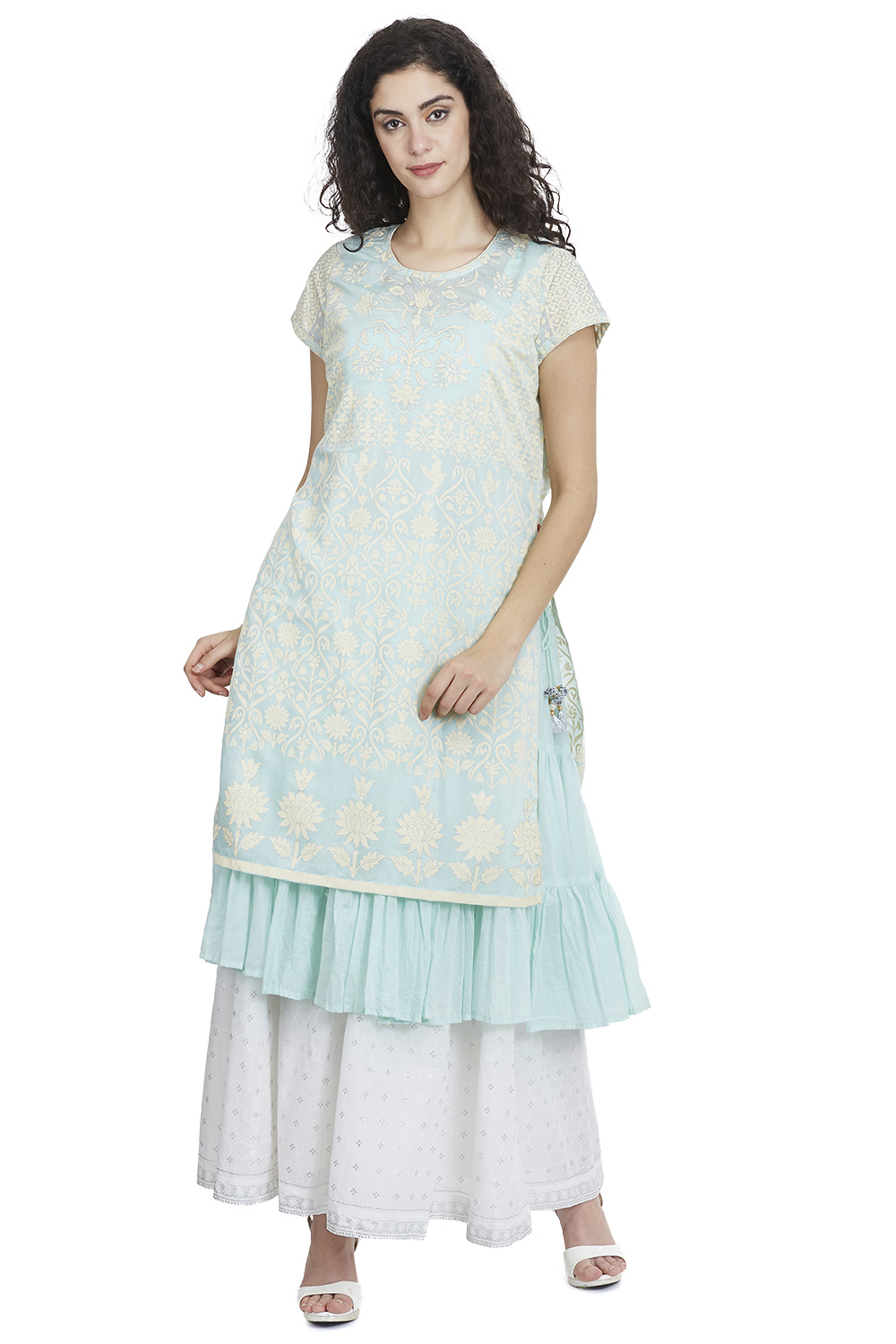 

Aqua Blue Flared Art Silk Printed Kurta