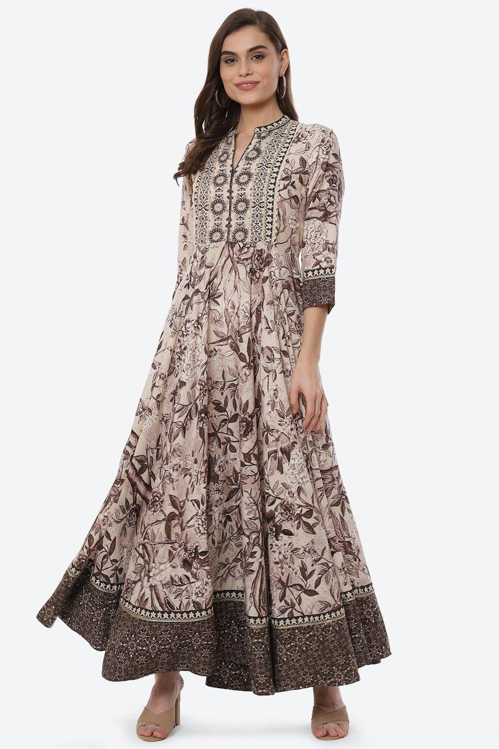 

Beige LIVA Flared Printed Kurta Dress