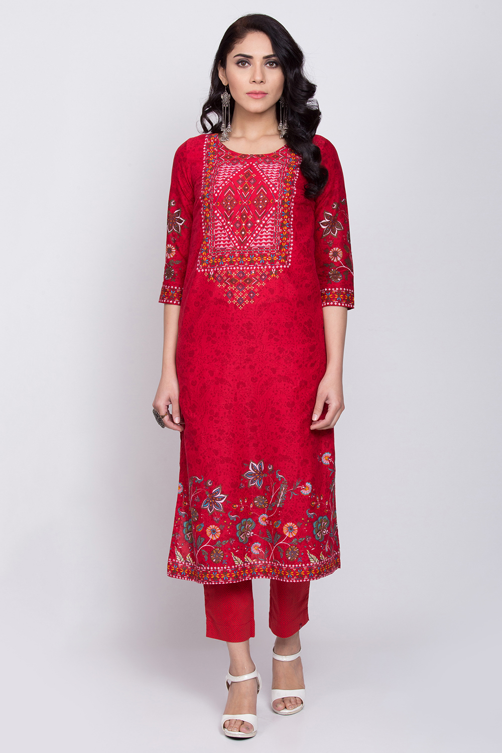 

Red Cotton Straight Printed Kurta