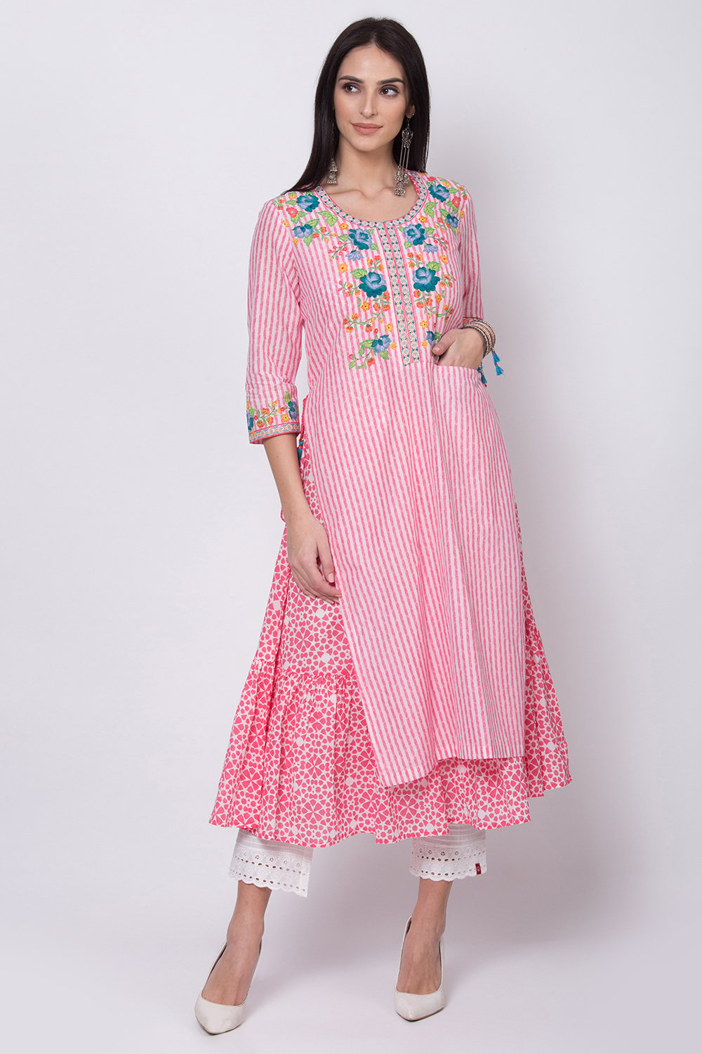 

Pink Cotton Flared Printed Kurta