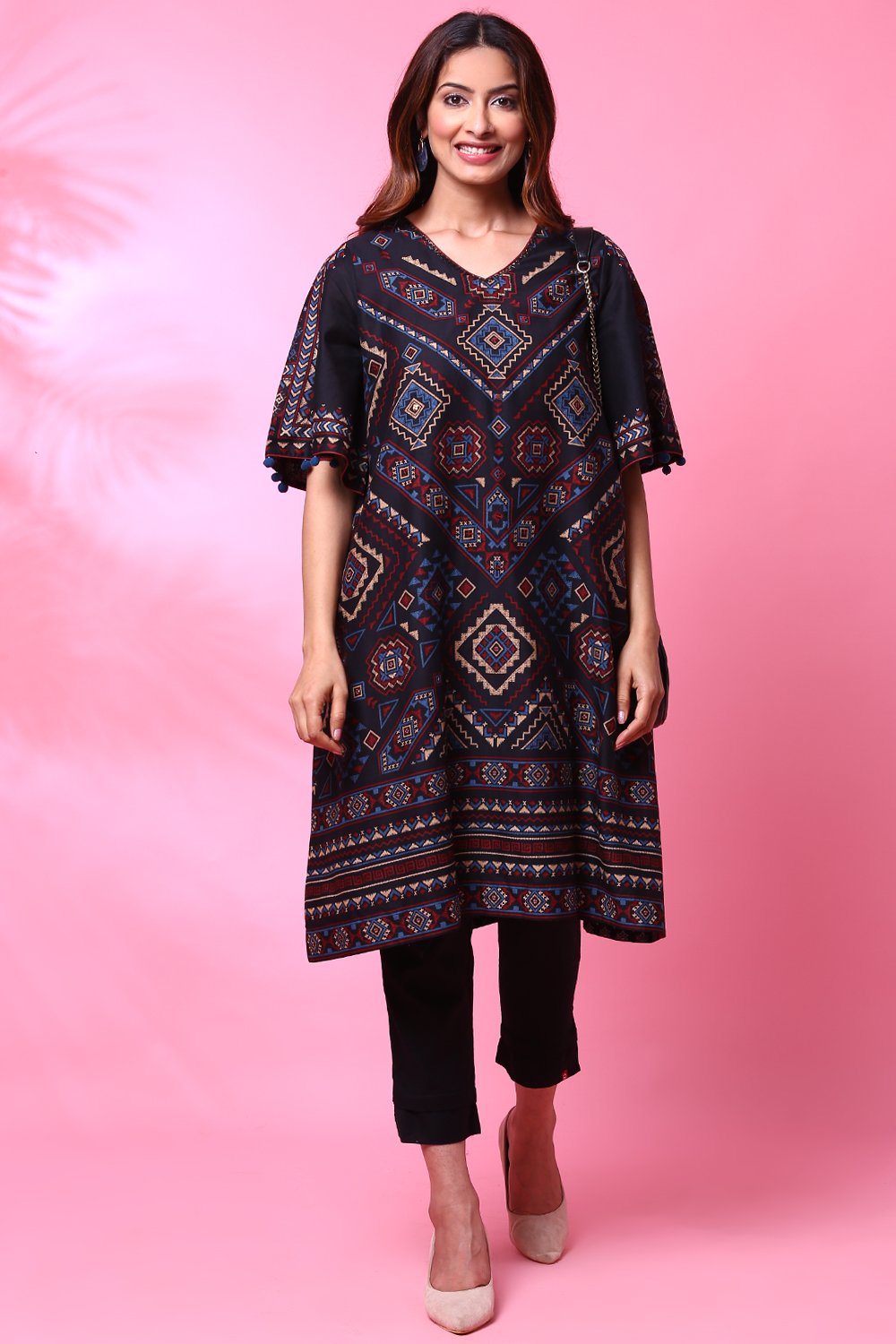 

Charcoal Black Cotton A-Line Printed Kurta