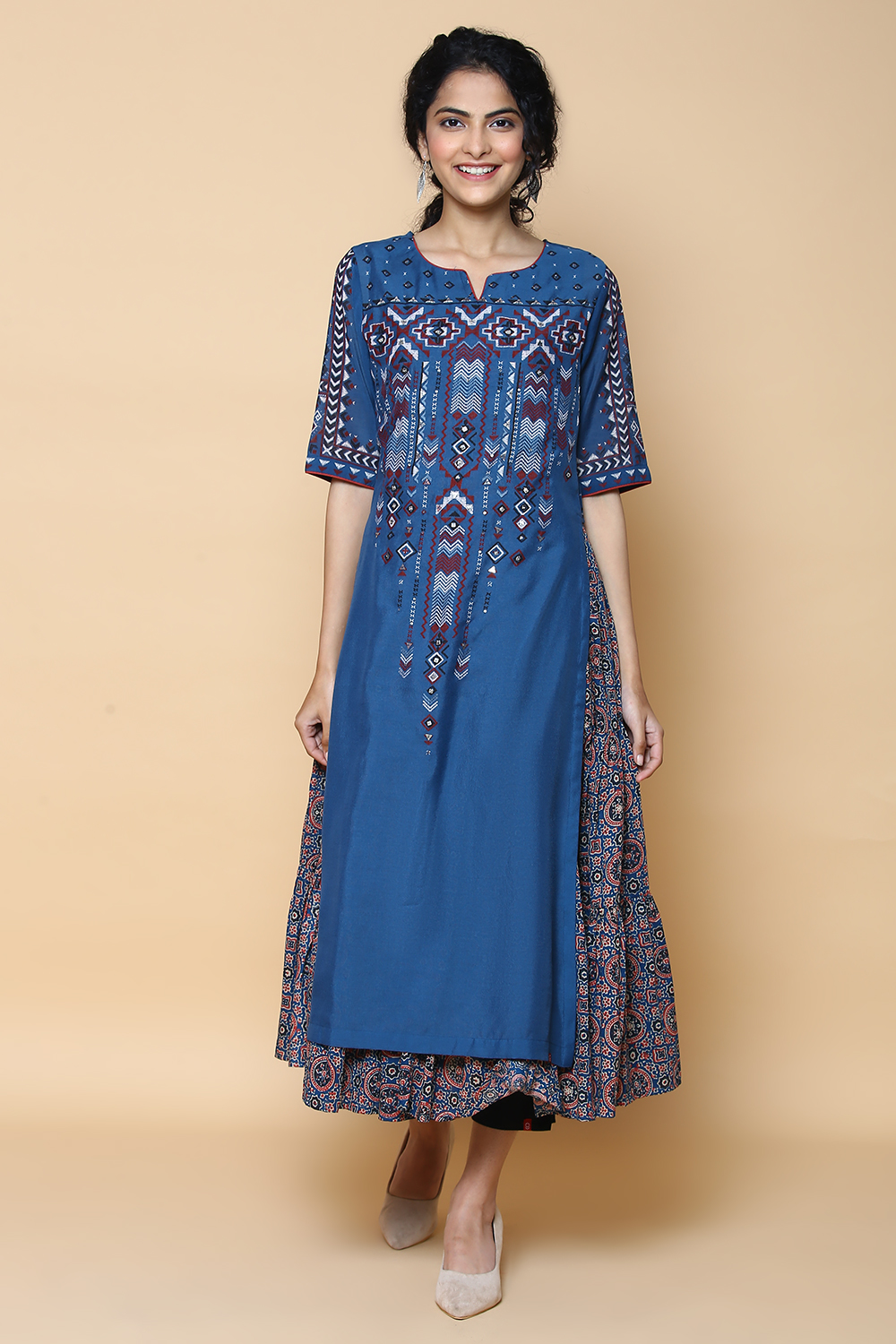 

Blue Art Silk Double Layered Printed Kurta