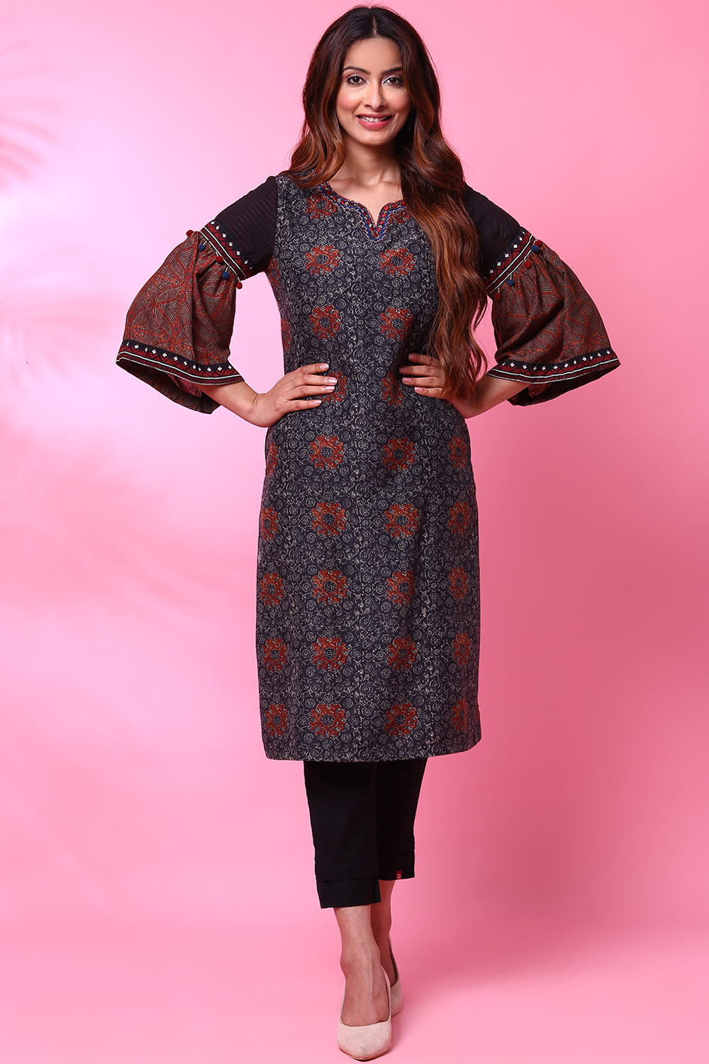 

Charcoal Black Art Silk Printed Kurta