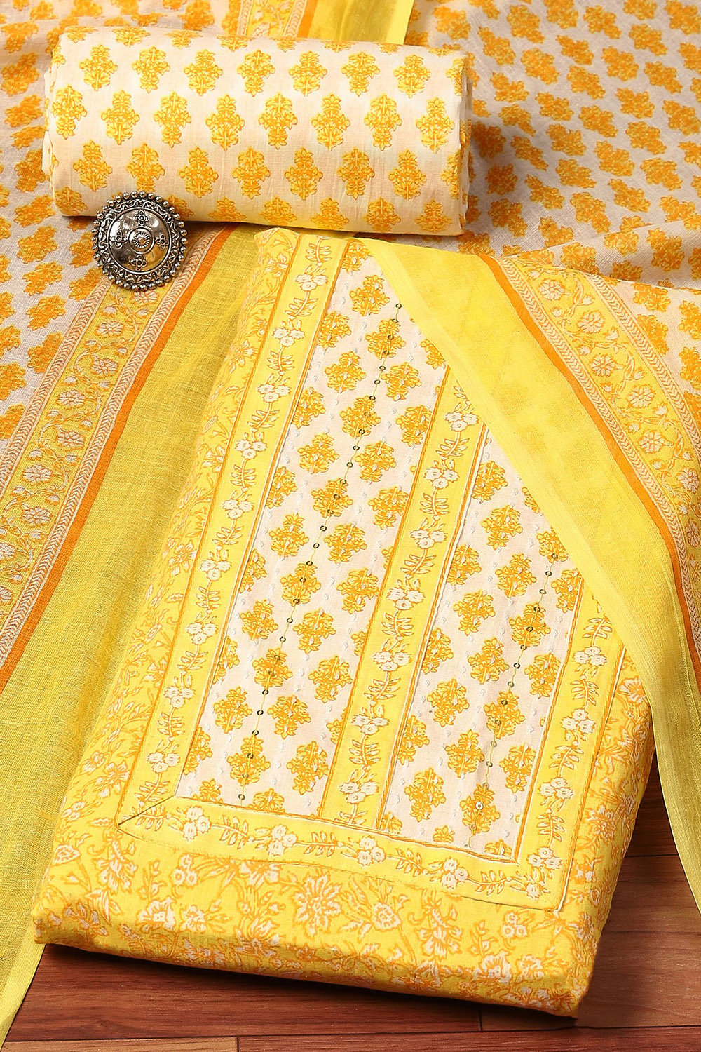 

Yellow Cotton Printed Unstitched Suit Set