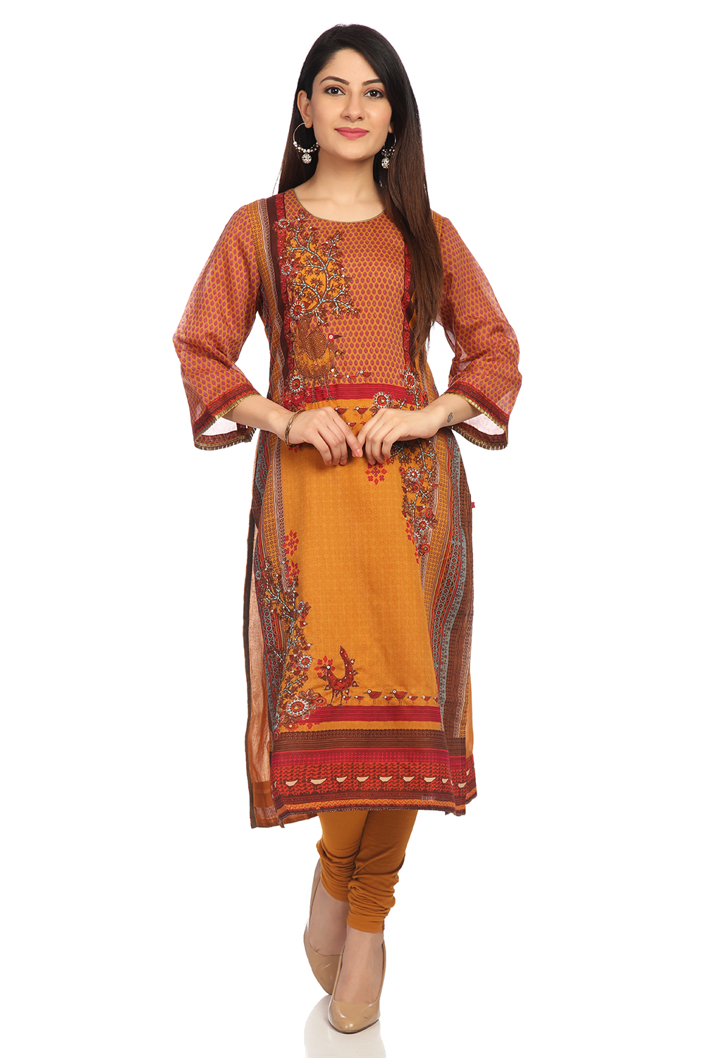 

Mustard Art Silk Straight Printed Kurta