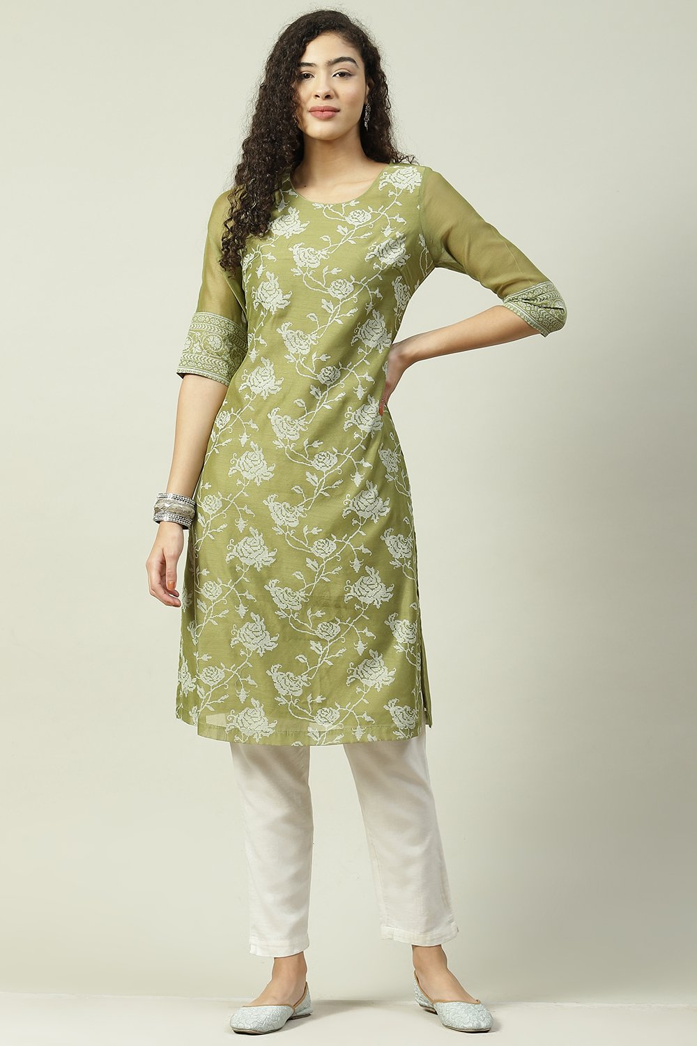 

Green Art Silk Straight Printed Kurta