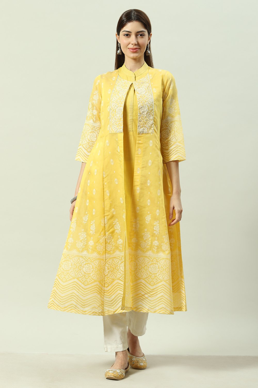 

Yellow Art Silk Flared Printed Kurta with Jacket