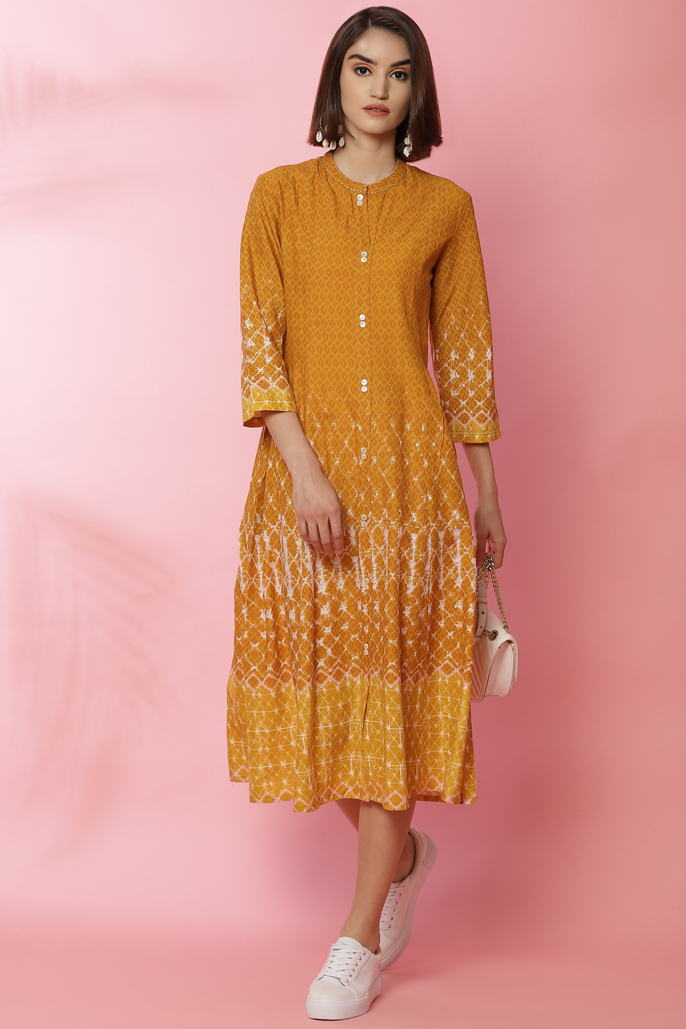 

Mustard Rayon A-Line Printed Dress