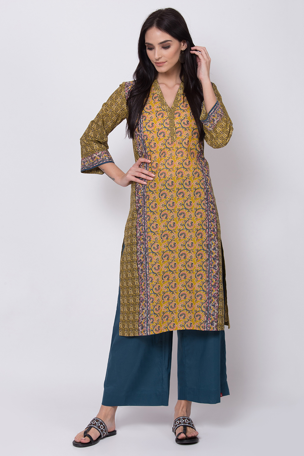 

Mustard Cotton Straight Printed Kurta