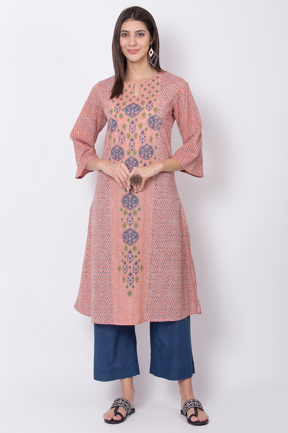 

Peach Cotton A-Line Printed Kurta