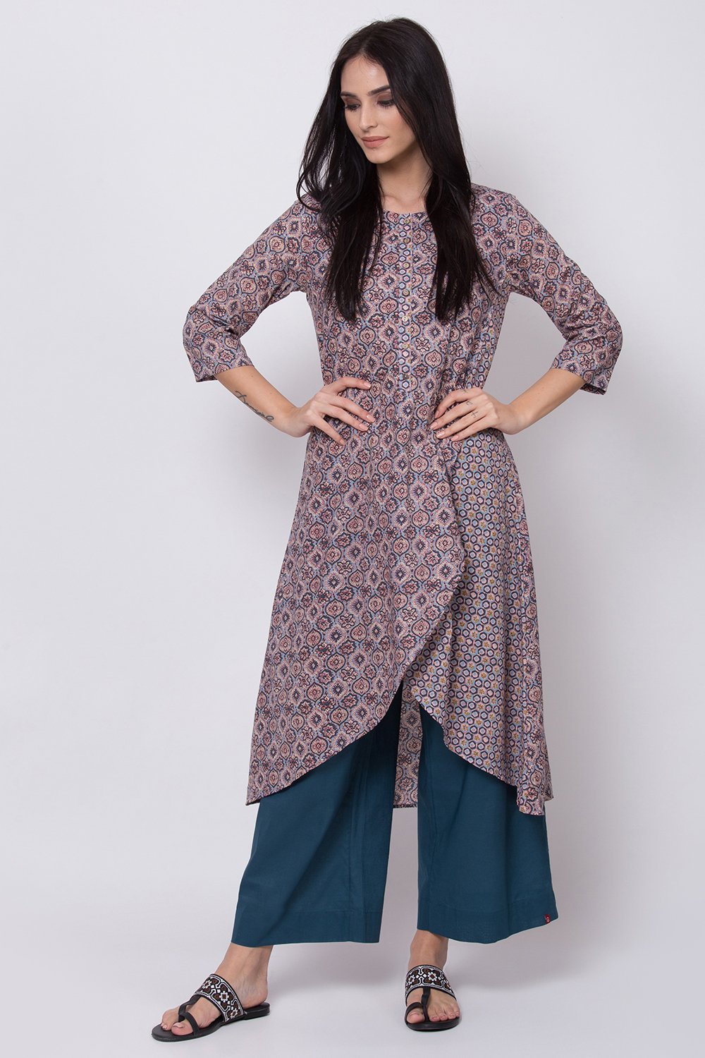 

Peach Cotton A-Line Printed Kurta