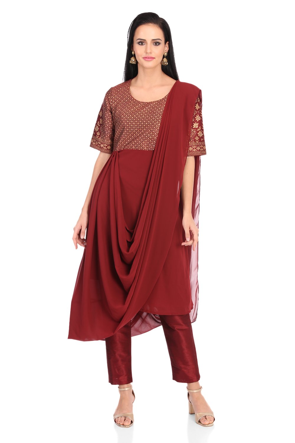 

Wine Art Silk Anarkali Kurta Slim Pant Suit Set