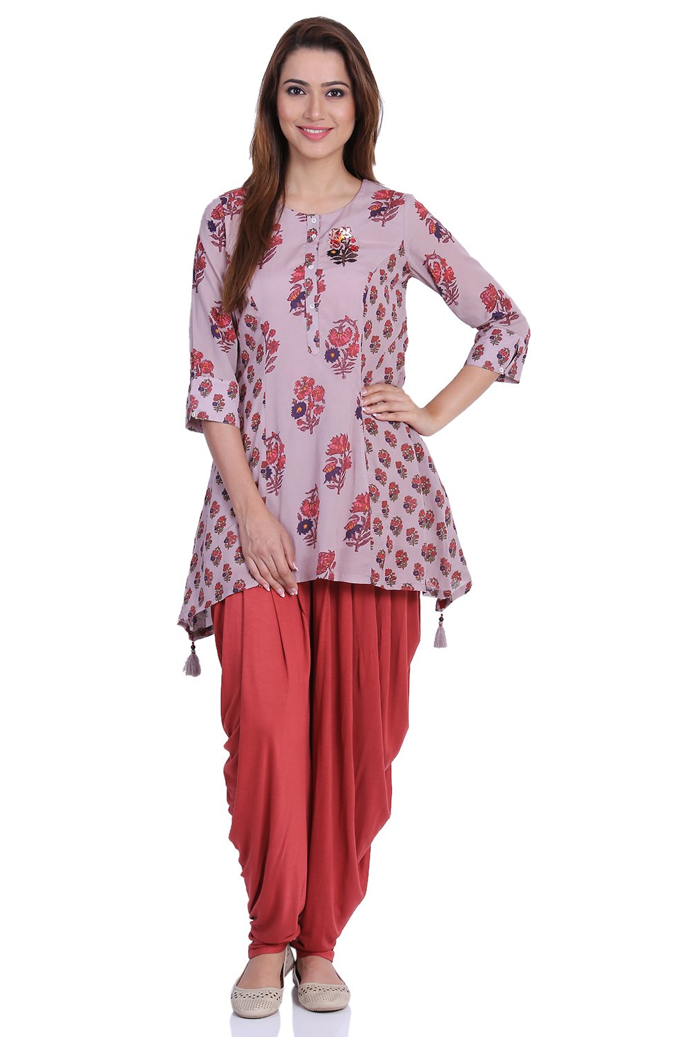 

Dusky Pink A-Line Cotton Kurta Dhoti Pants Suit Set