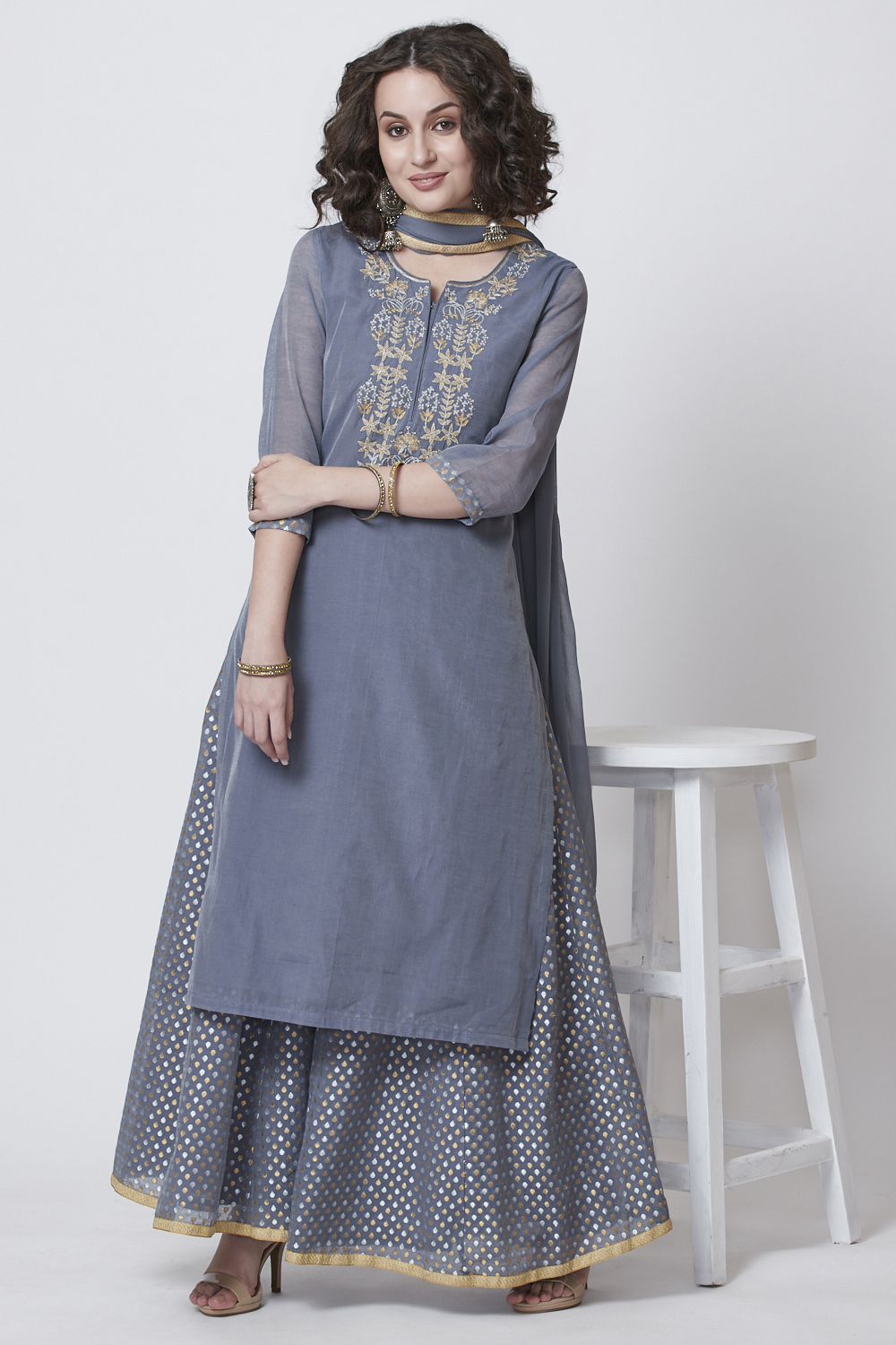 

Grey Poly Cotton Straight Kurta Sharara Suit Set