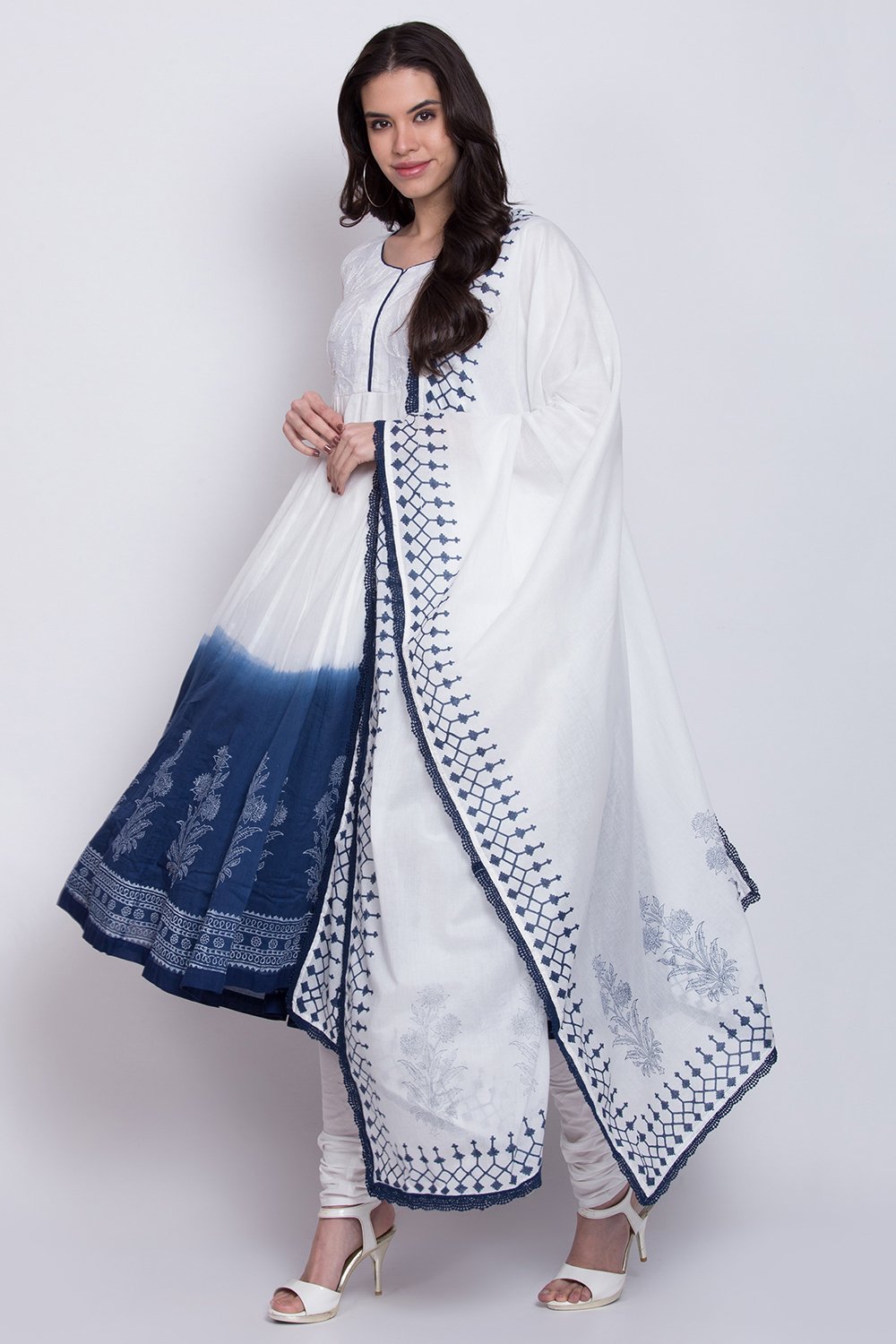 

White And Blue Cotton Anarkali Kurta Churidar Suit Set