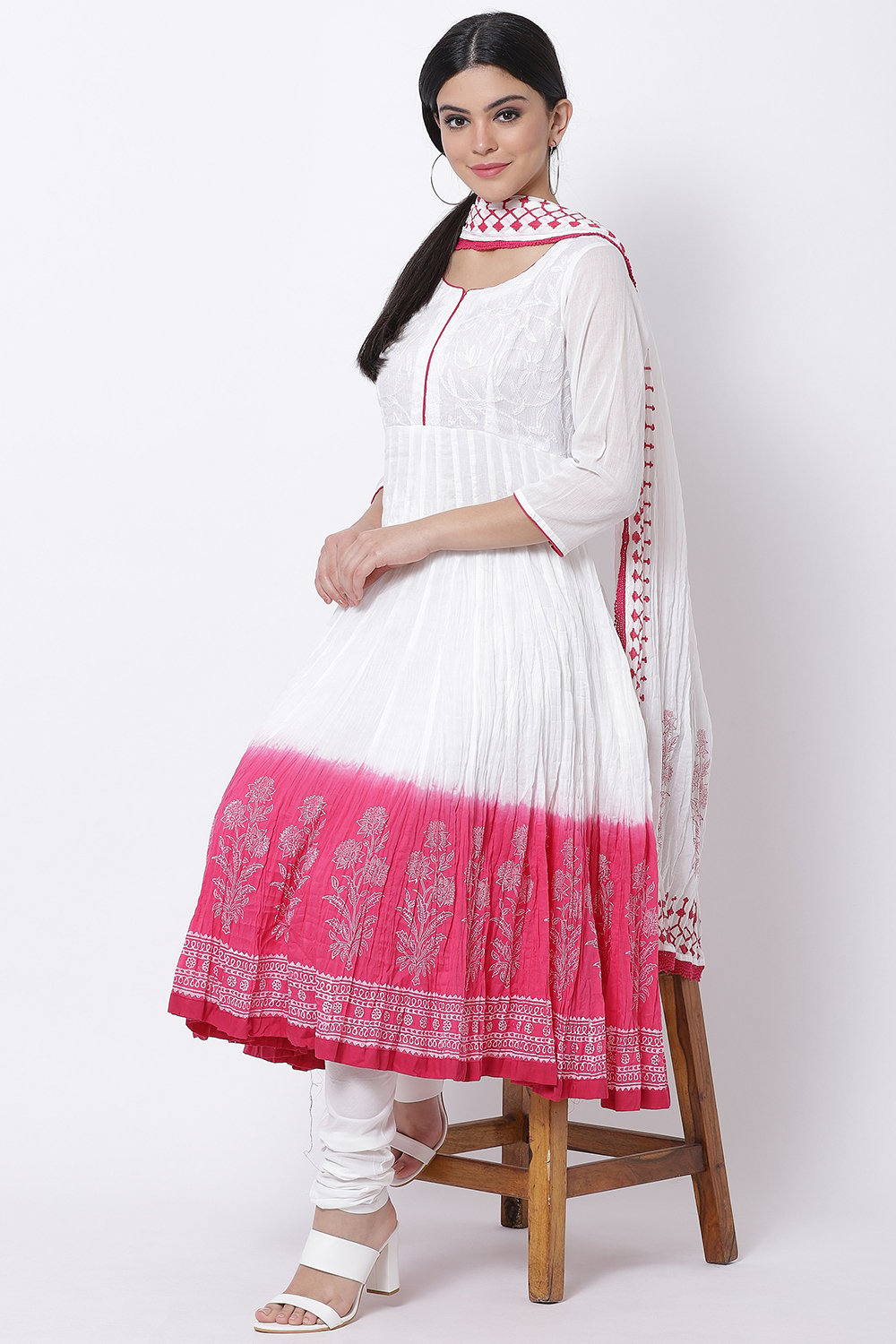 

White And Pink Cotton Anarkali Kurta Churidar Suit Set