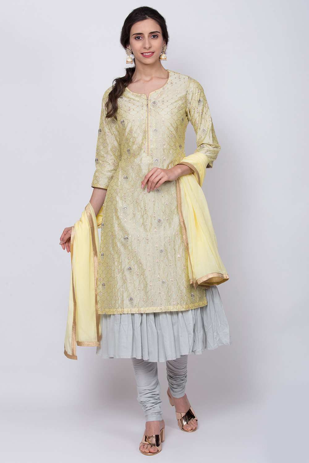 

Lemon Yellow Double Layered Kurta Churidar Suit Set