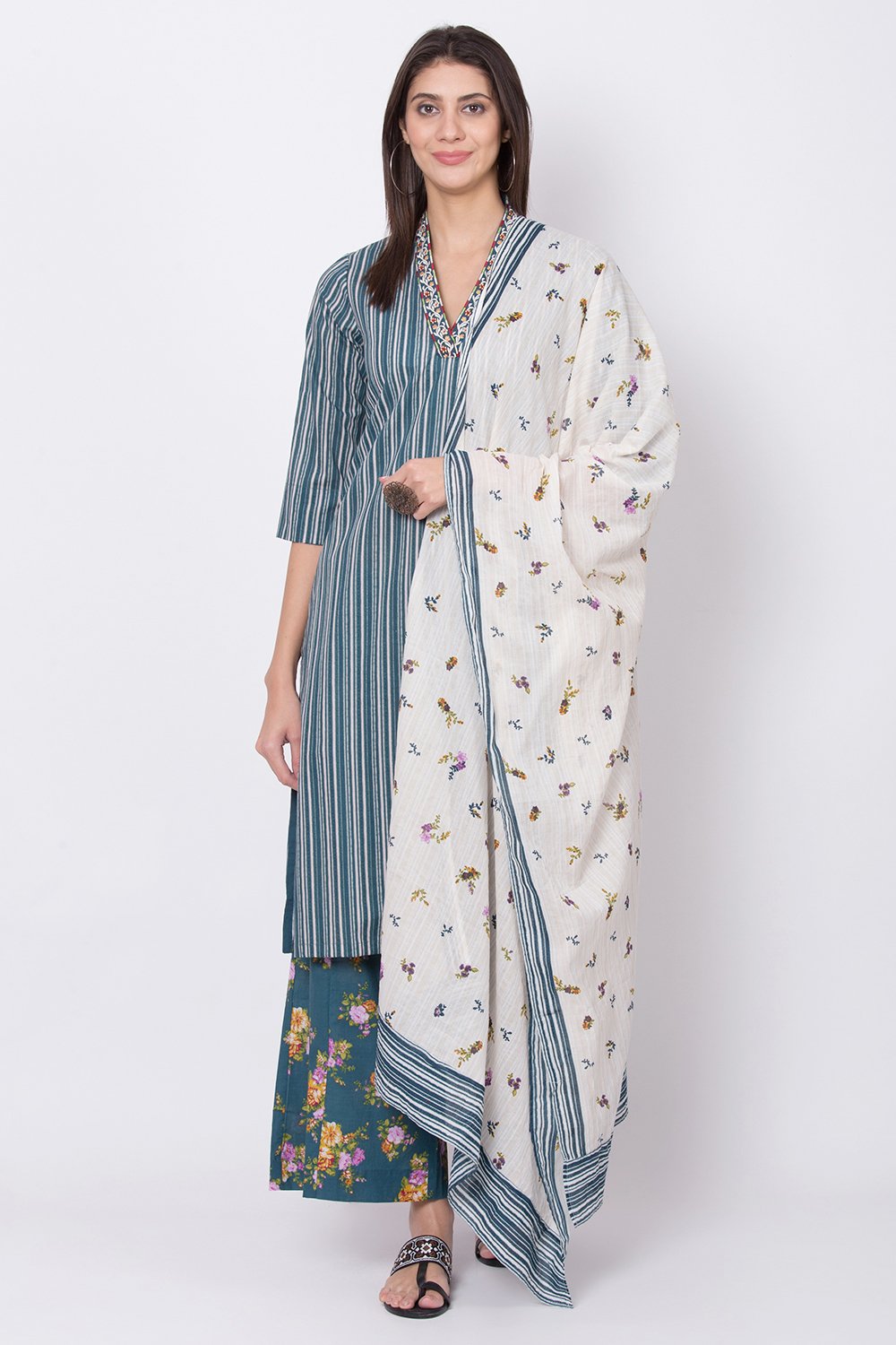 

Blue Cotton Straight Kurta Flared Palazzo Suit Set