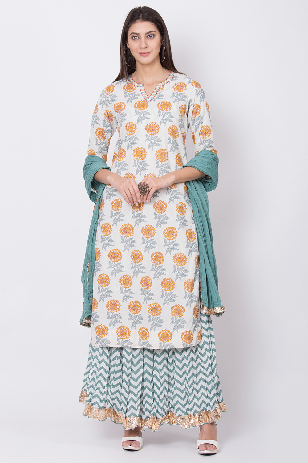 

Teal And Off White Cotton Straight Kurta Skirt Suit Set