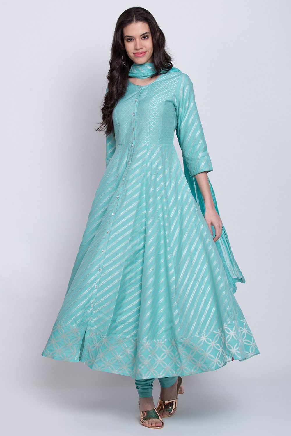 

Sky Blue Poly Cotton Anarkali Kurta Churidar Suit Set