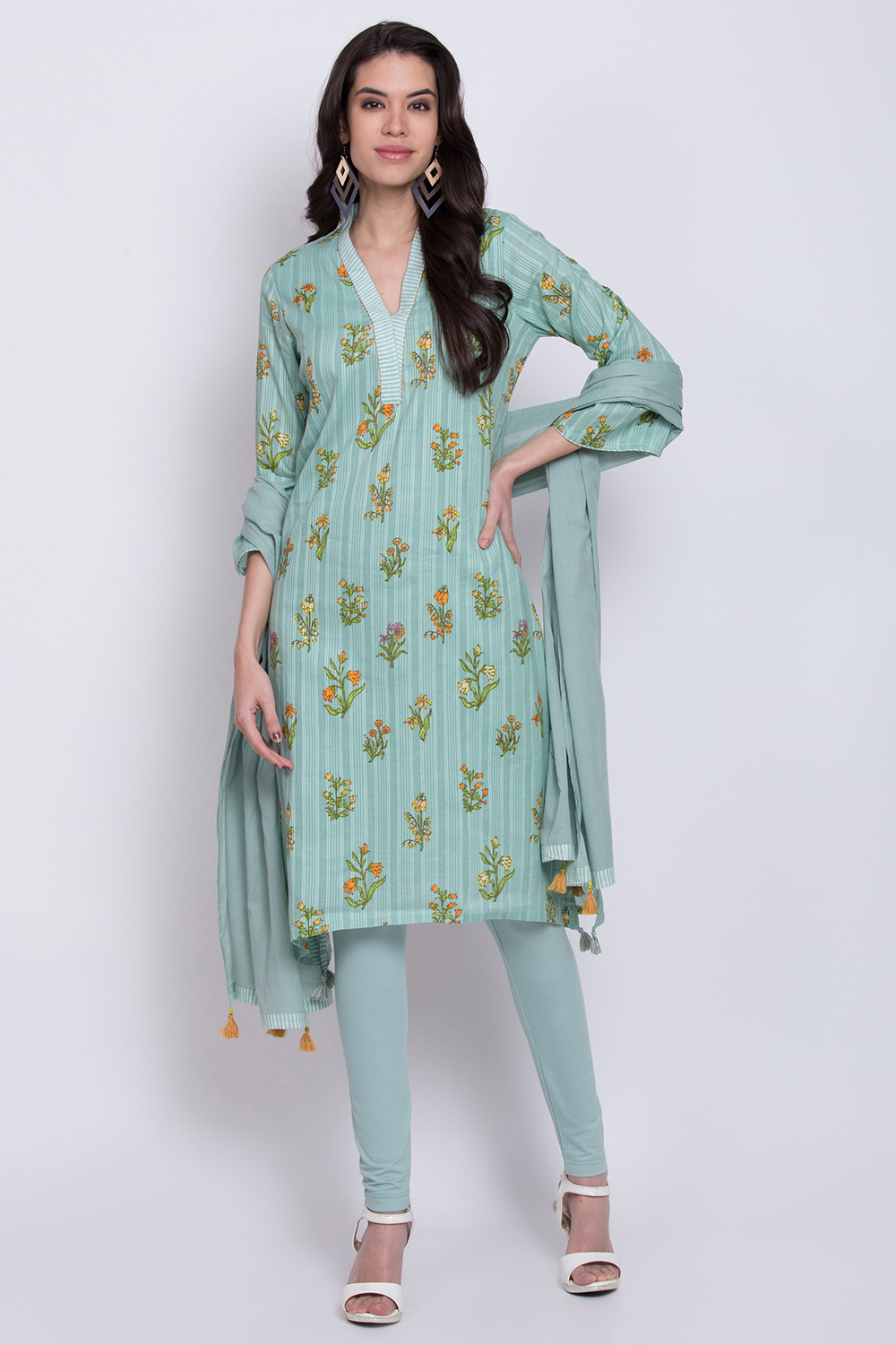 

Turquoise Cotton A-Line Kurta Ankle Length Suit Set