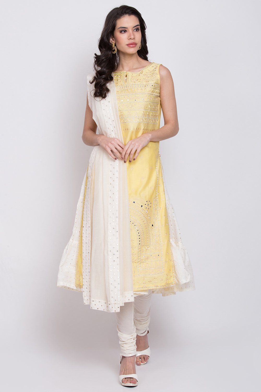 

Yellow Cotton Silk A-Line Kurta Churidar Suit Set