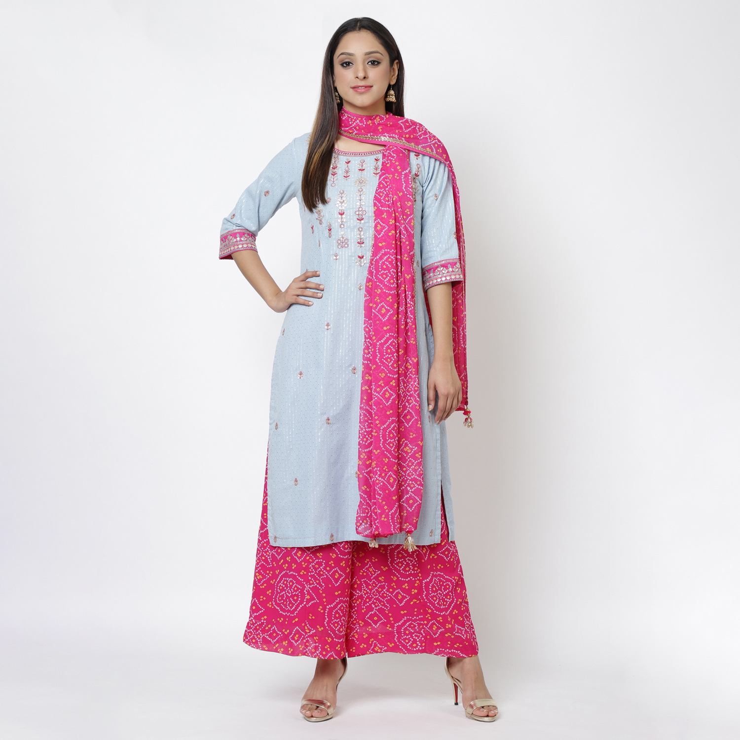 

Pink Metallic Cotton Straight Kurta Flared Palazzo Suit Set