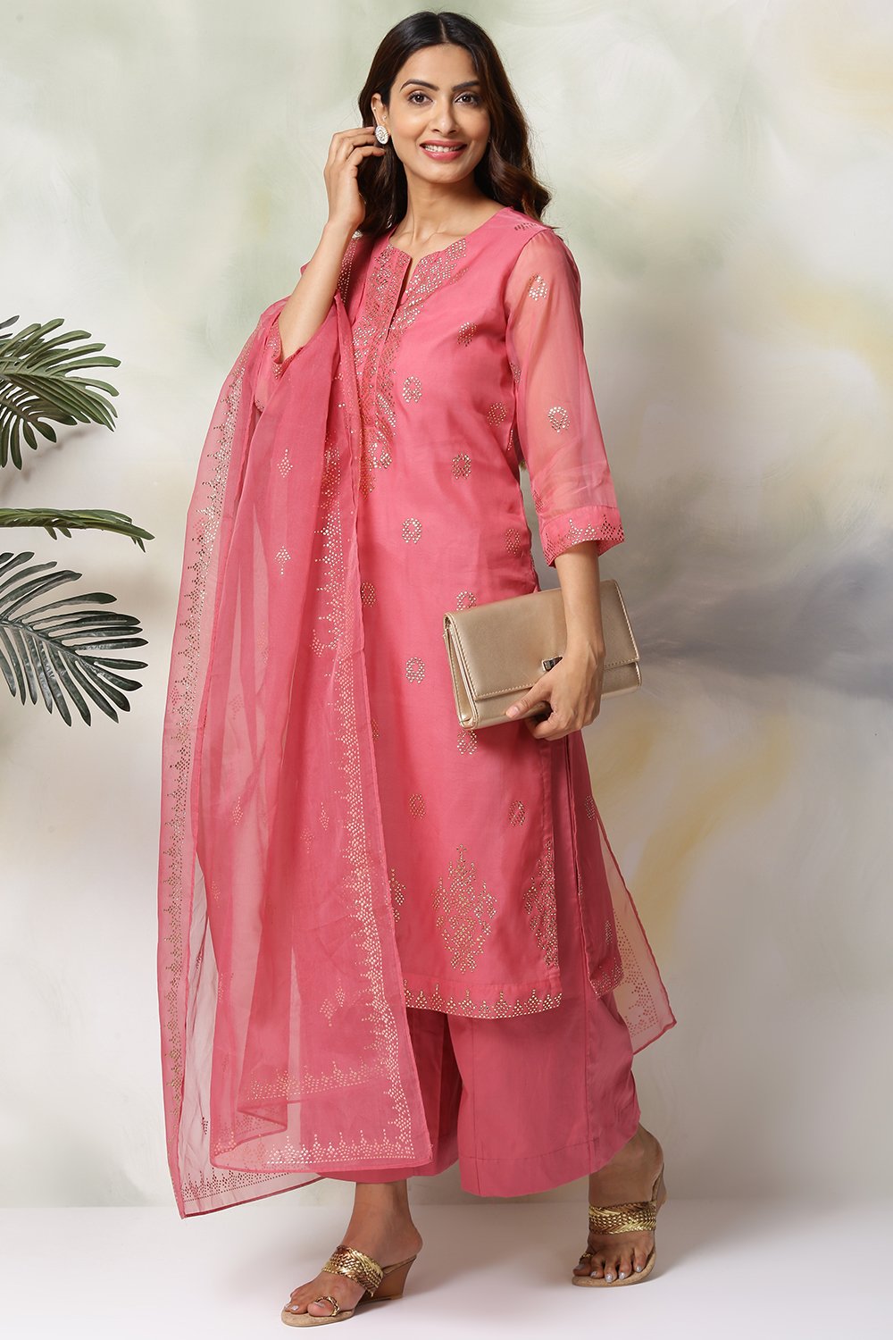 

Pink Art Silk Straight Kurta Palazzo Suit Set