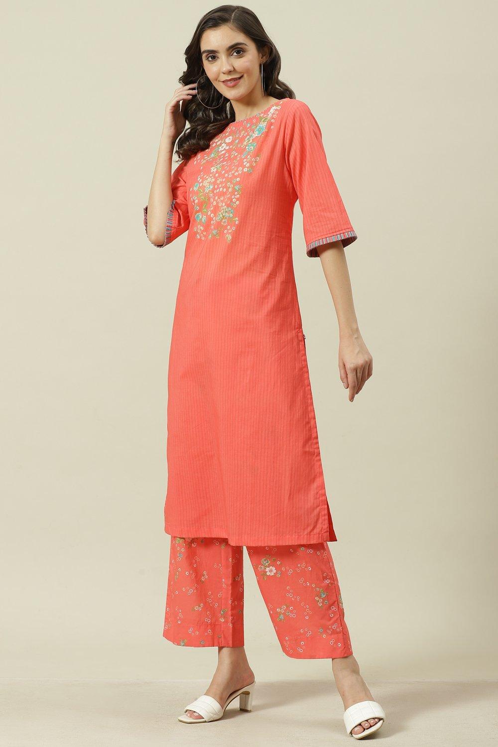 

Coral Printed Cotton Straight Kurta Palazzo Suit Set