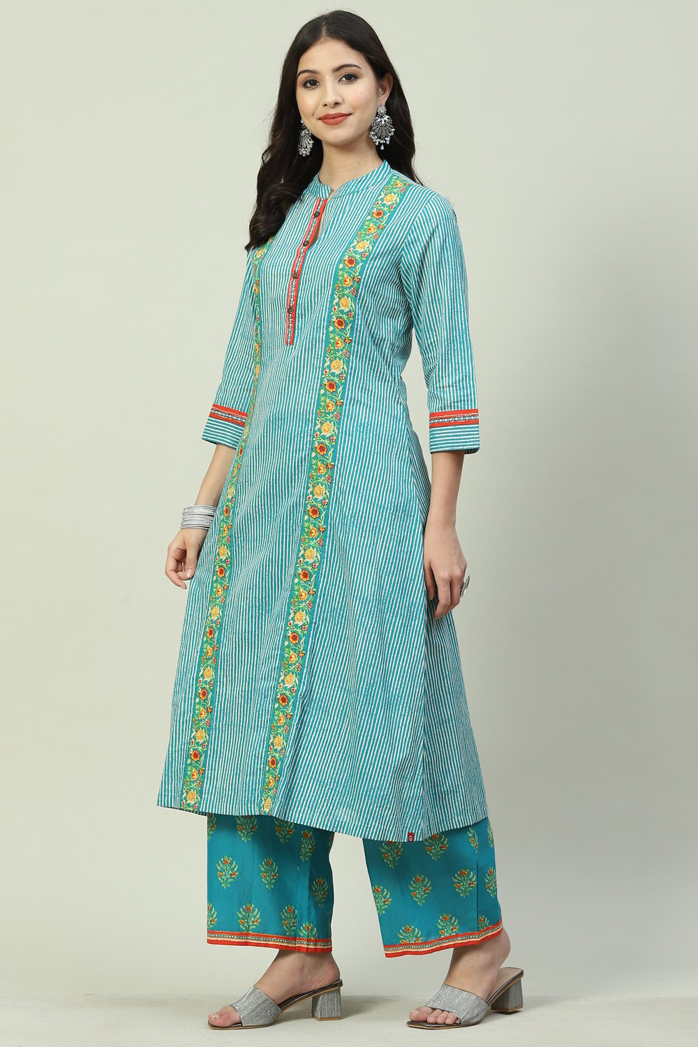 

Teal Printed Cotton A-Line Kurta Palazzo Suit Set