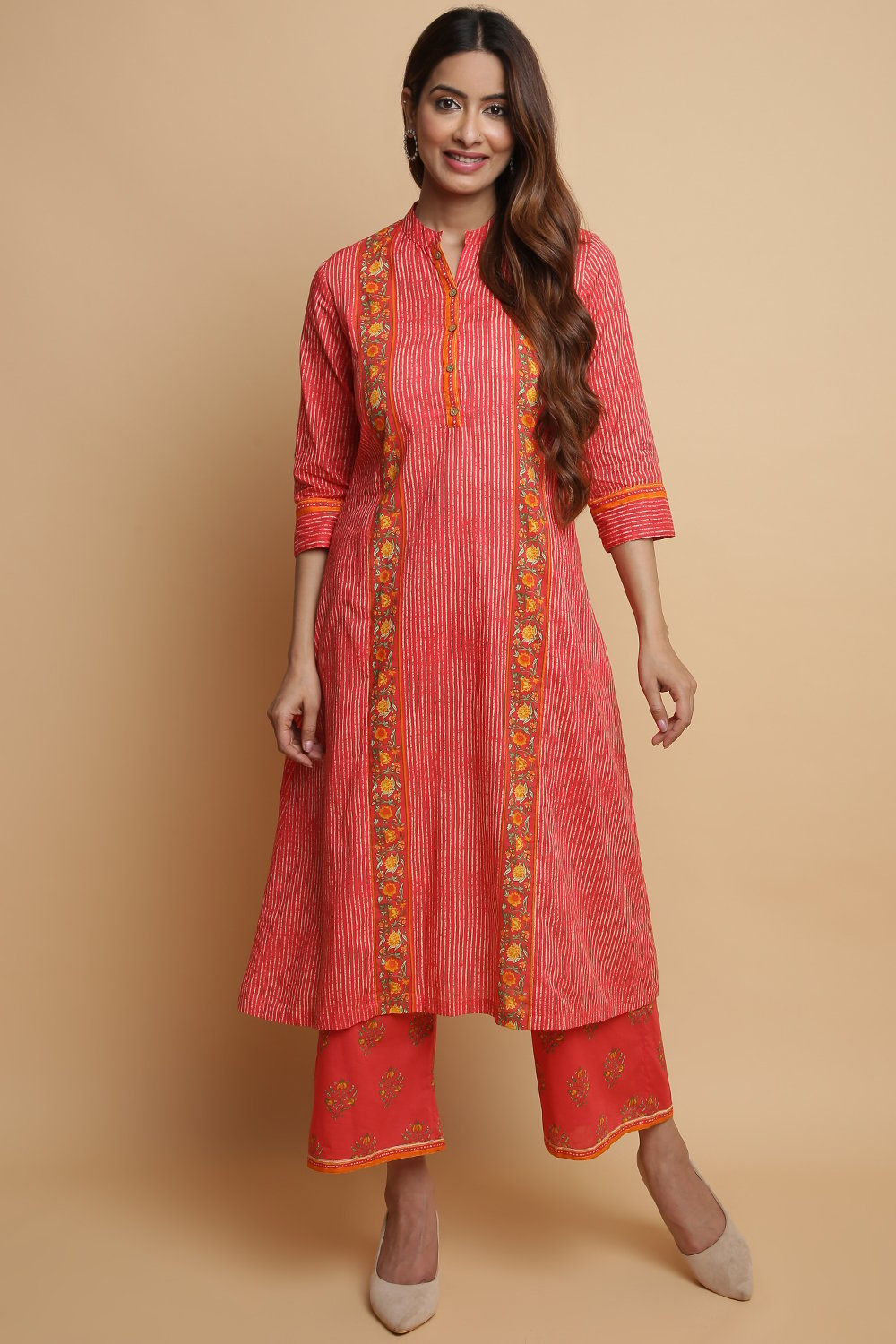 

Coral Cotton A-Line Kurta Palazzo Suit Set