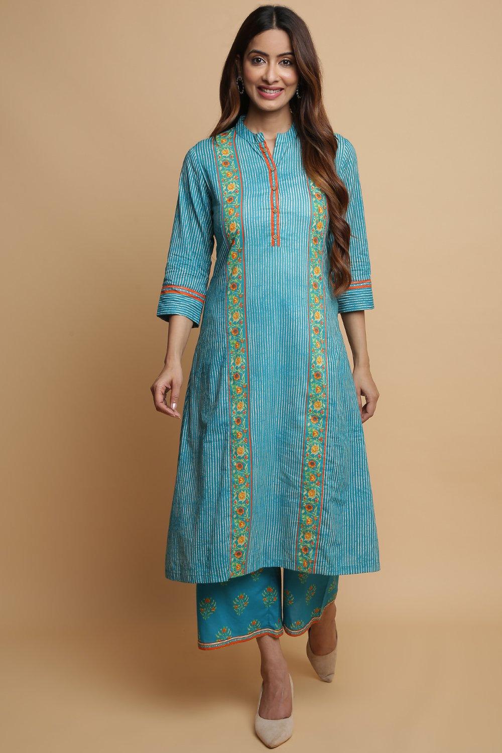 

Turquoise Cotton A-Line Kurta Palazzo Suit Set