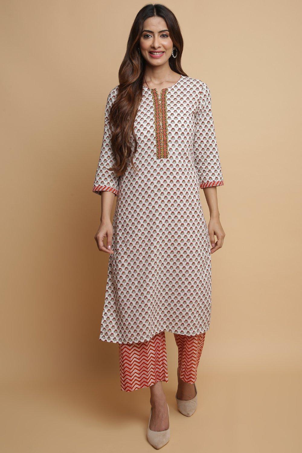 

Off White Cotton Straight Kurta Palazzo Suit Set