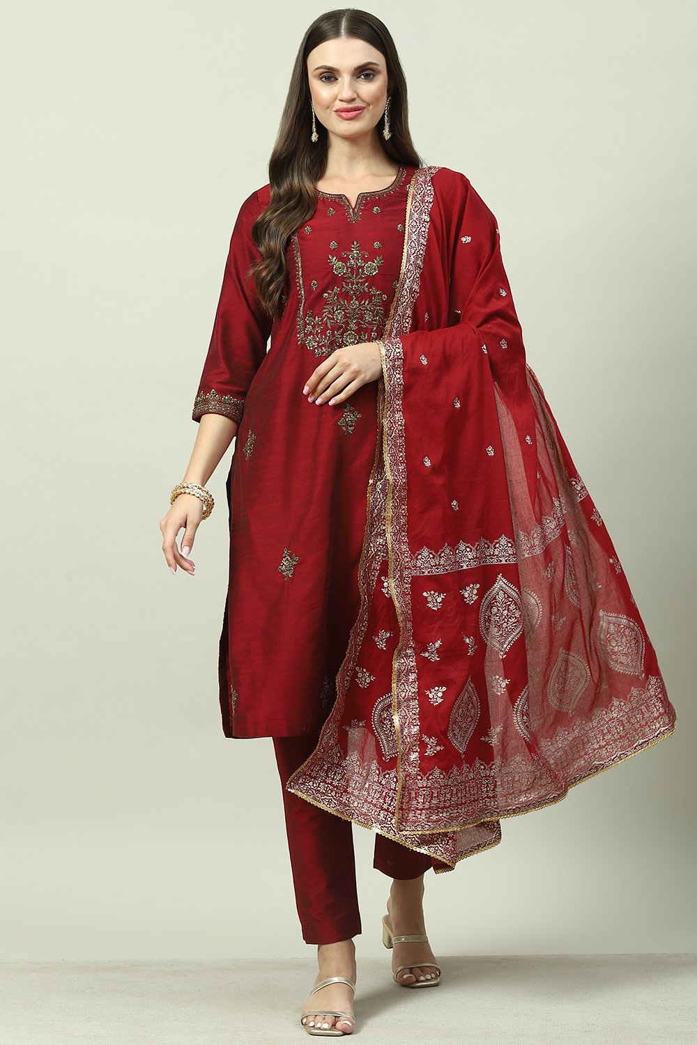 

Maroon Poly Viscose Straight Kurta Slim Pant Suit Set