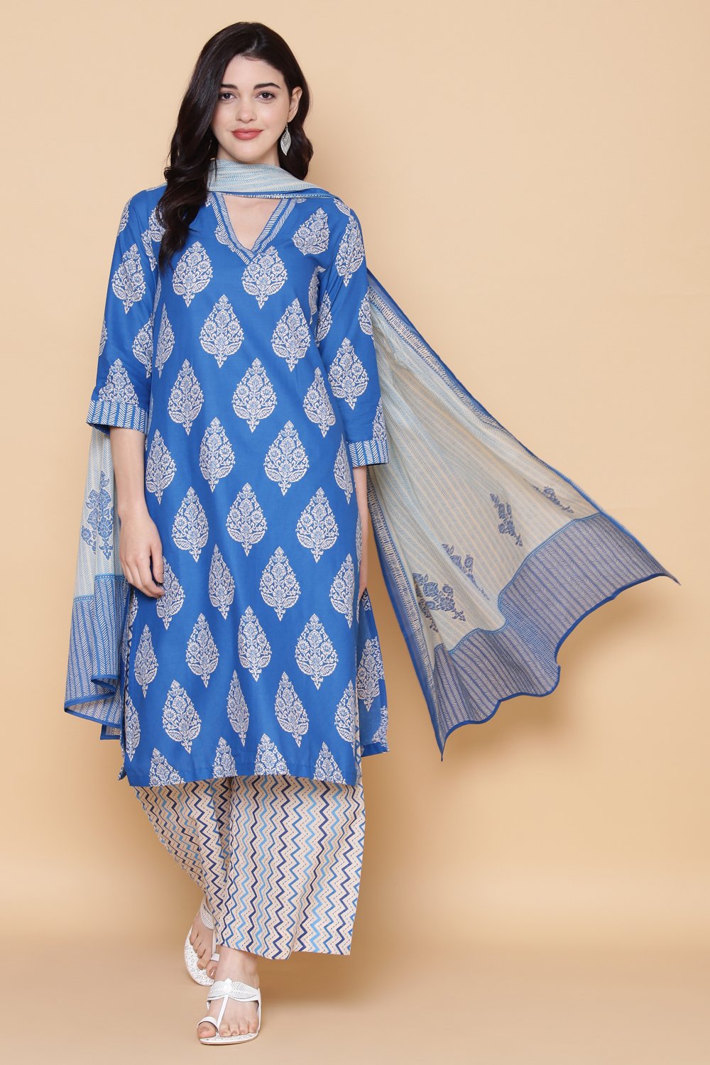 

Royal Blue Cotton Straight Kurta Palazzo Suit Set