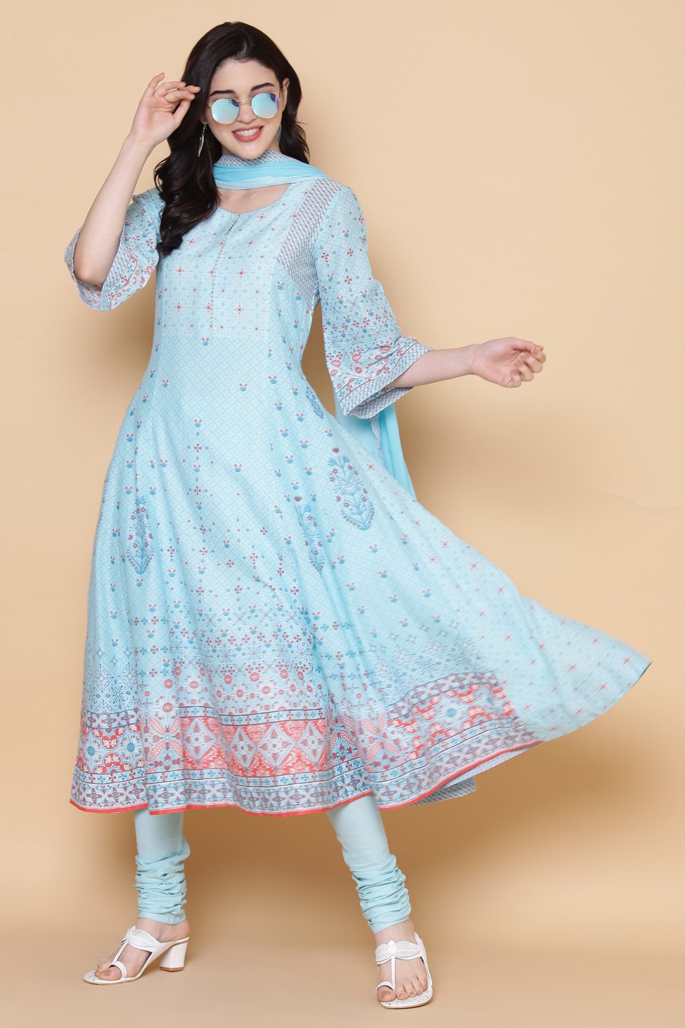 

Turquoise Cotton Kalidar Kurta Churidar Suit Set