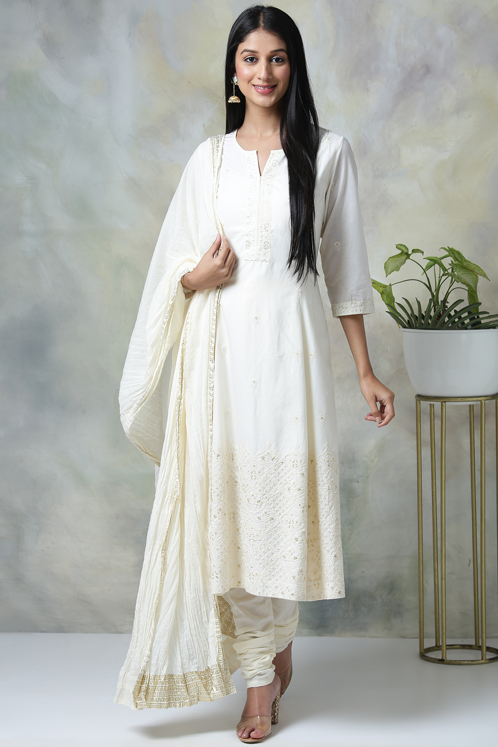 

Off White Cotton Kalidar Kurta Churidar Suit Set