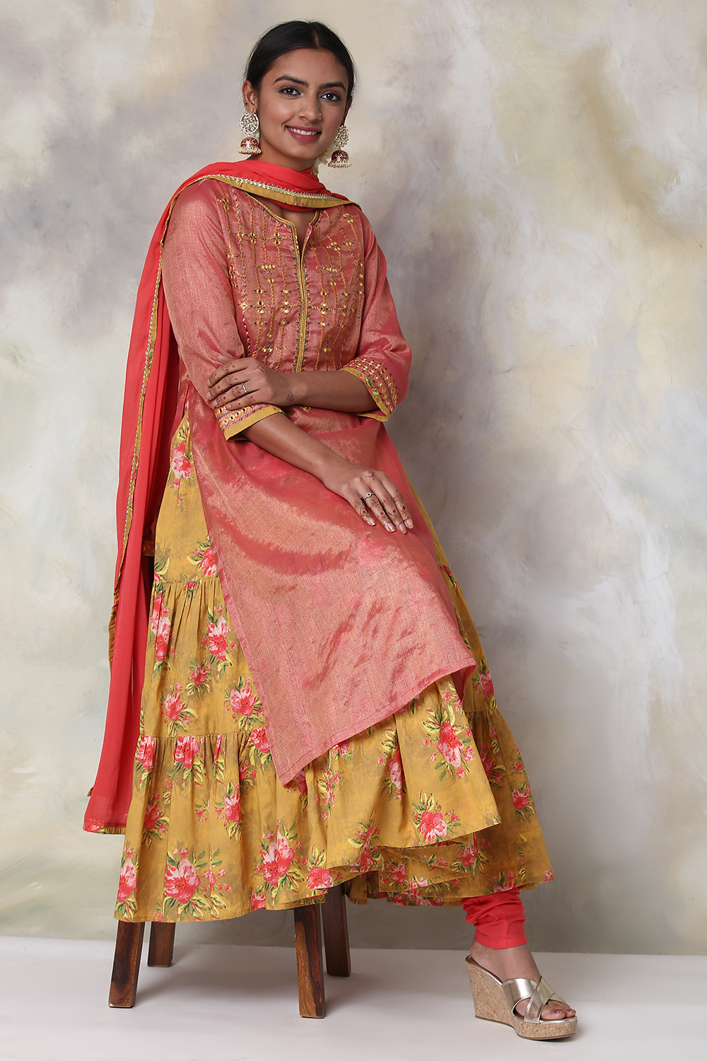 

Pink Metallic Cotton Double Layered Kurta Churidar Suit Set