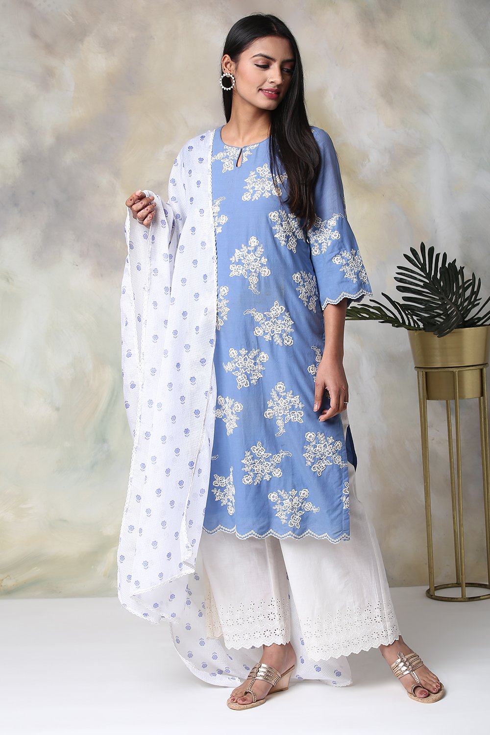 

Blue Cotton Straight Kurta Palazzo Suit Set