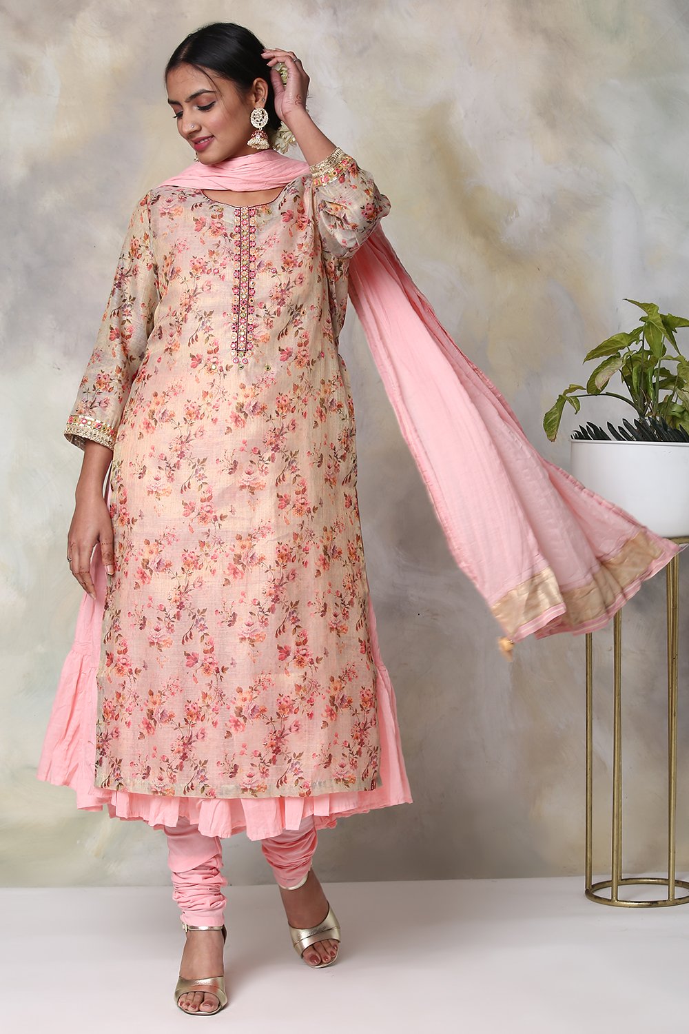 

Blush Pink Cotton Double Layered Kurta Churidar Suit Set