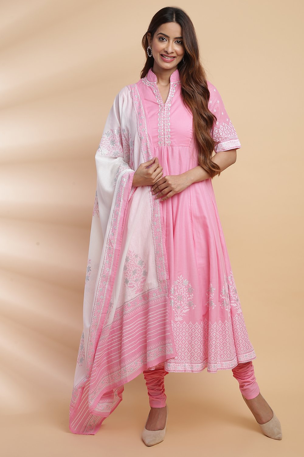 

Light Pink Cotton Flared Kurta Churidar Suit Set