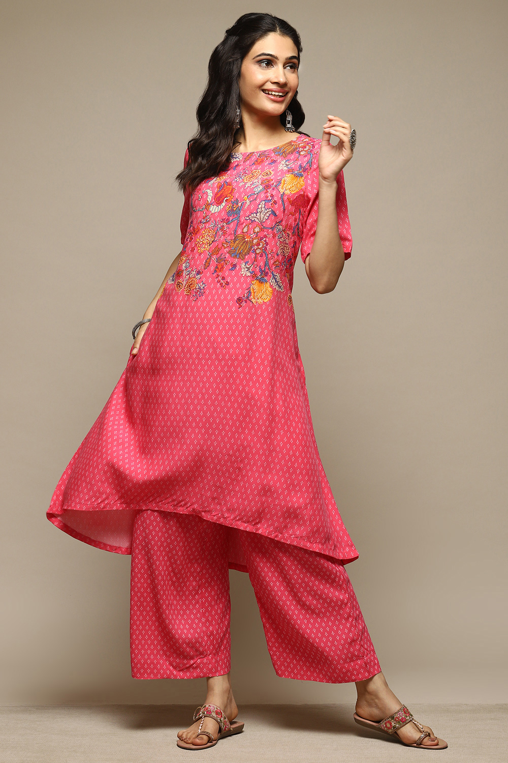 

Pink Rayon Asymmetric Kurta Palazzo Suit Set