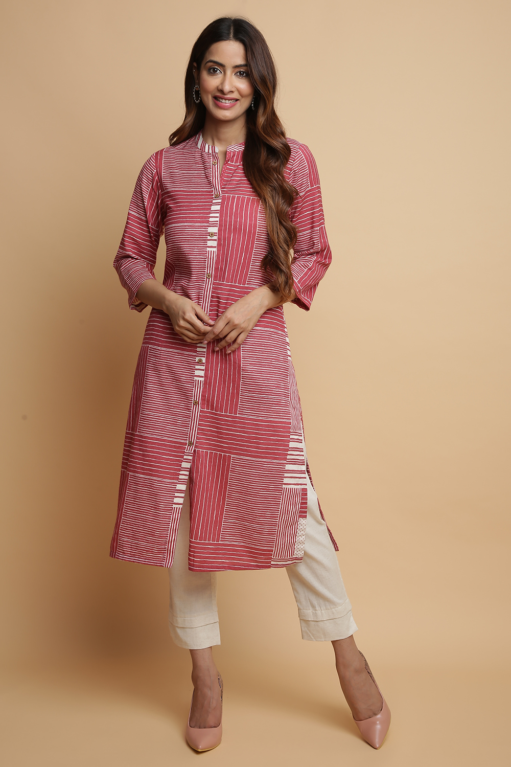 

Pink Rayon Straight Kurta Pants Set, Red