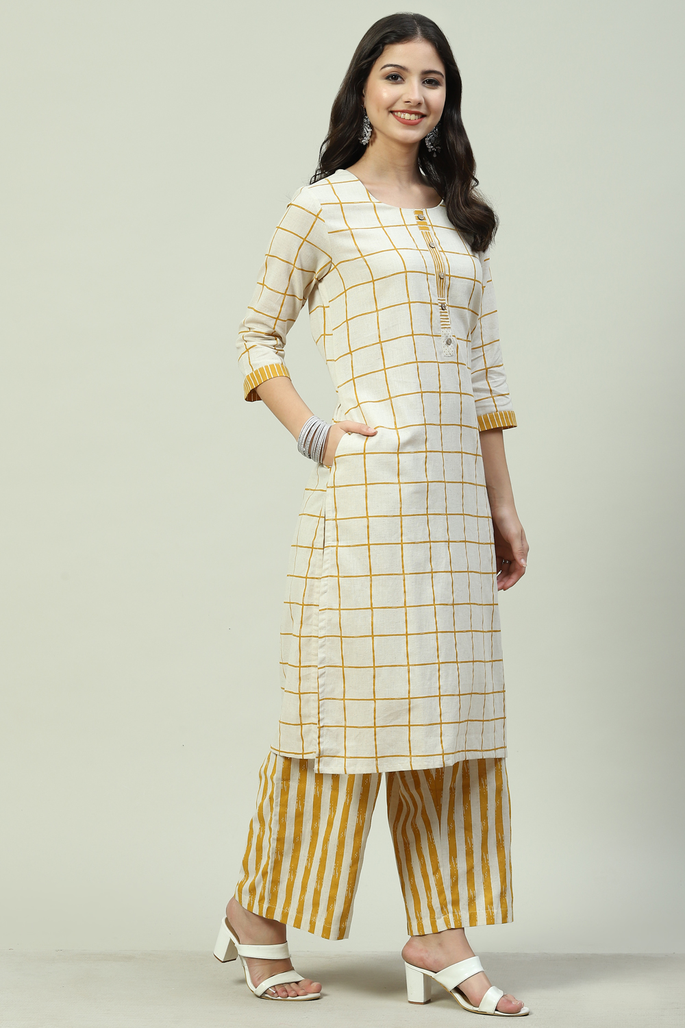 

Mustard Cotton Blend Straight Kurta Palazzo Suit Set