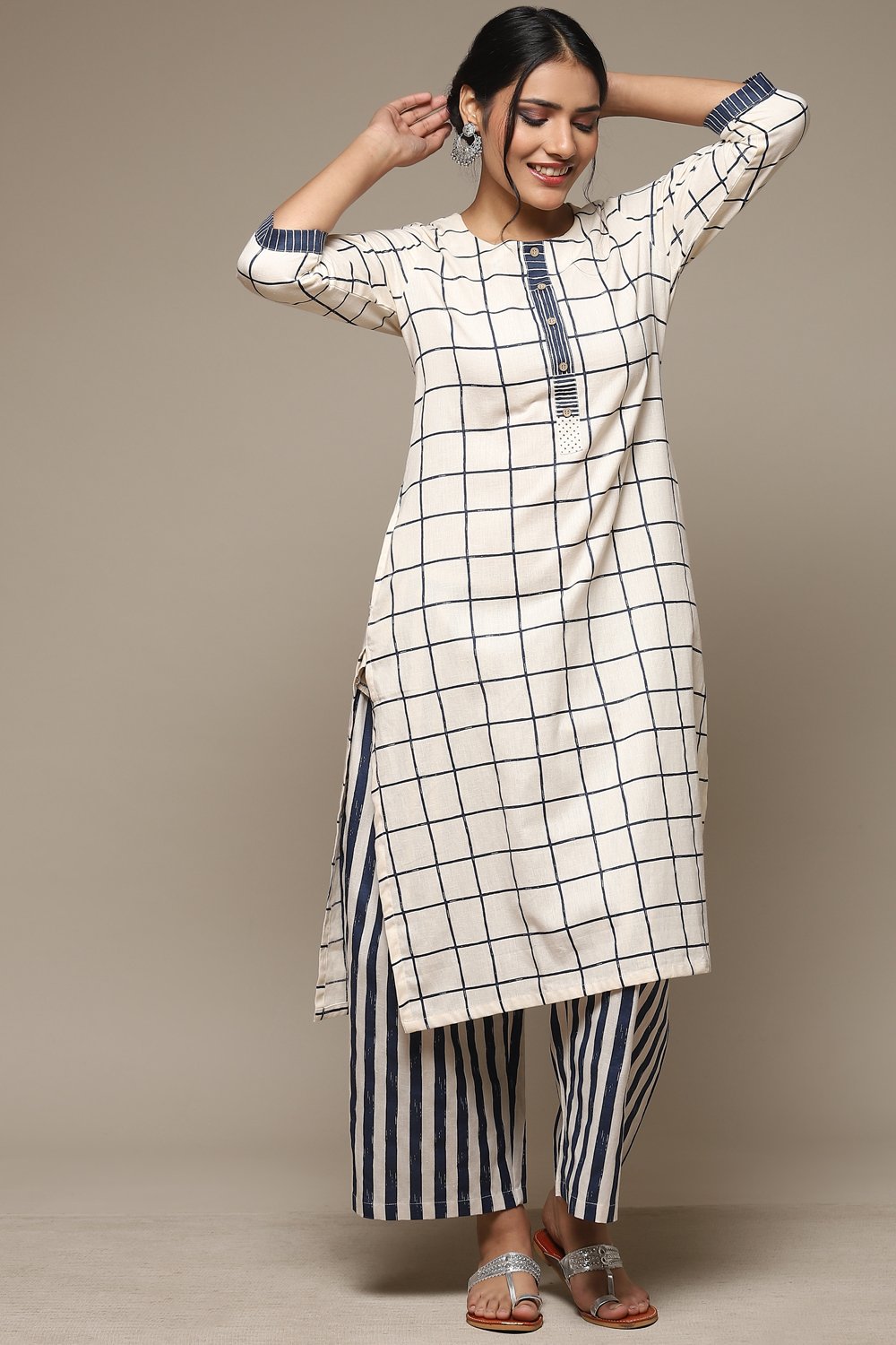 

Natural & Blue Cotton Blend Straight Kurta Palazzo Suit Set