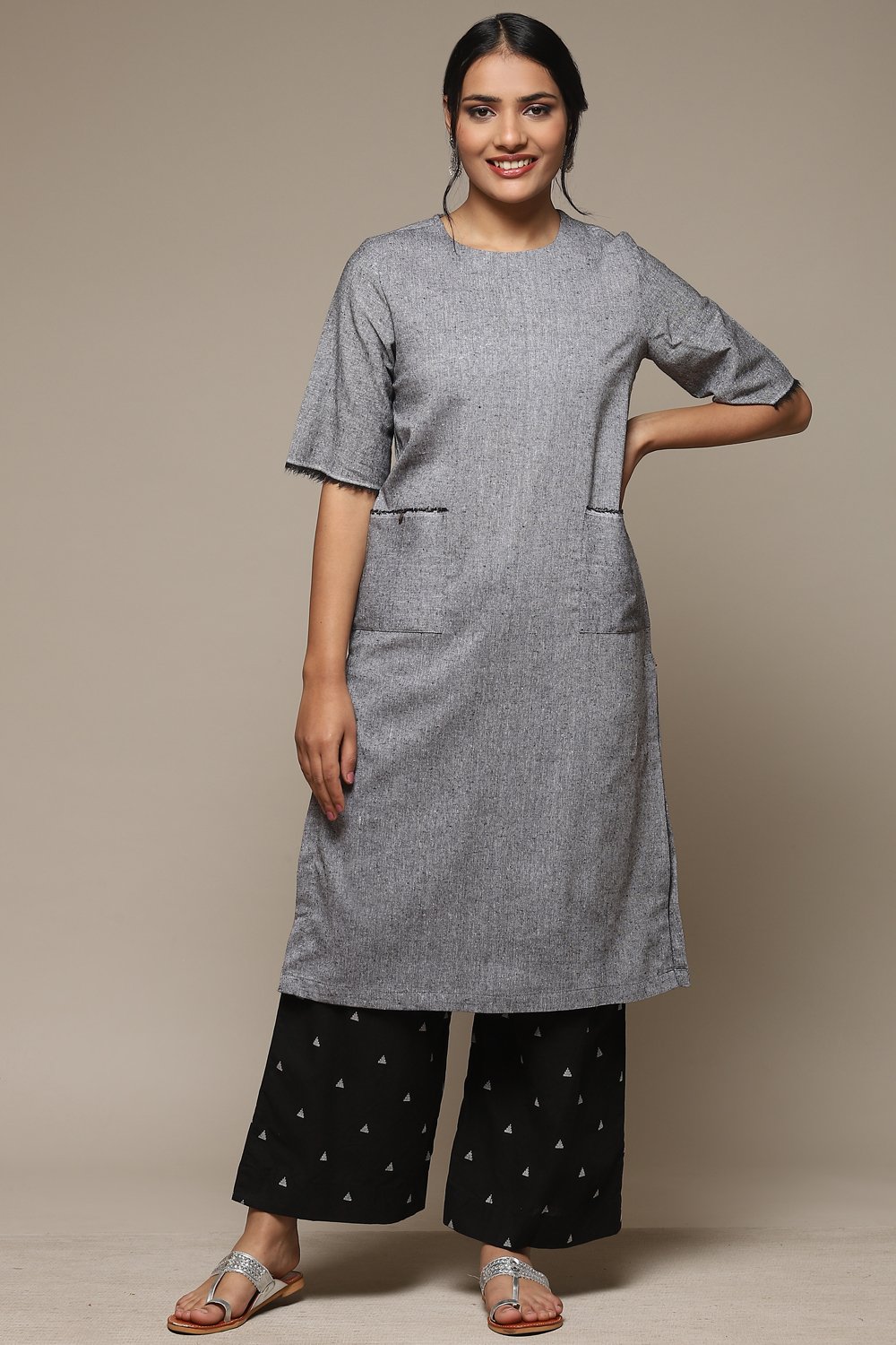 

Grey Cotton Straight Kurta Palazzo Suit Set